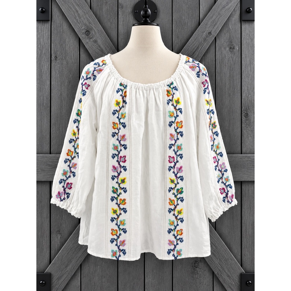 J. Jill Embroidered Linen Blouse Large White Floral Boho 3/4 Sleeve Peasant Top